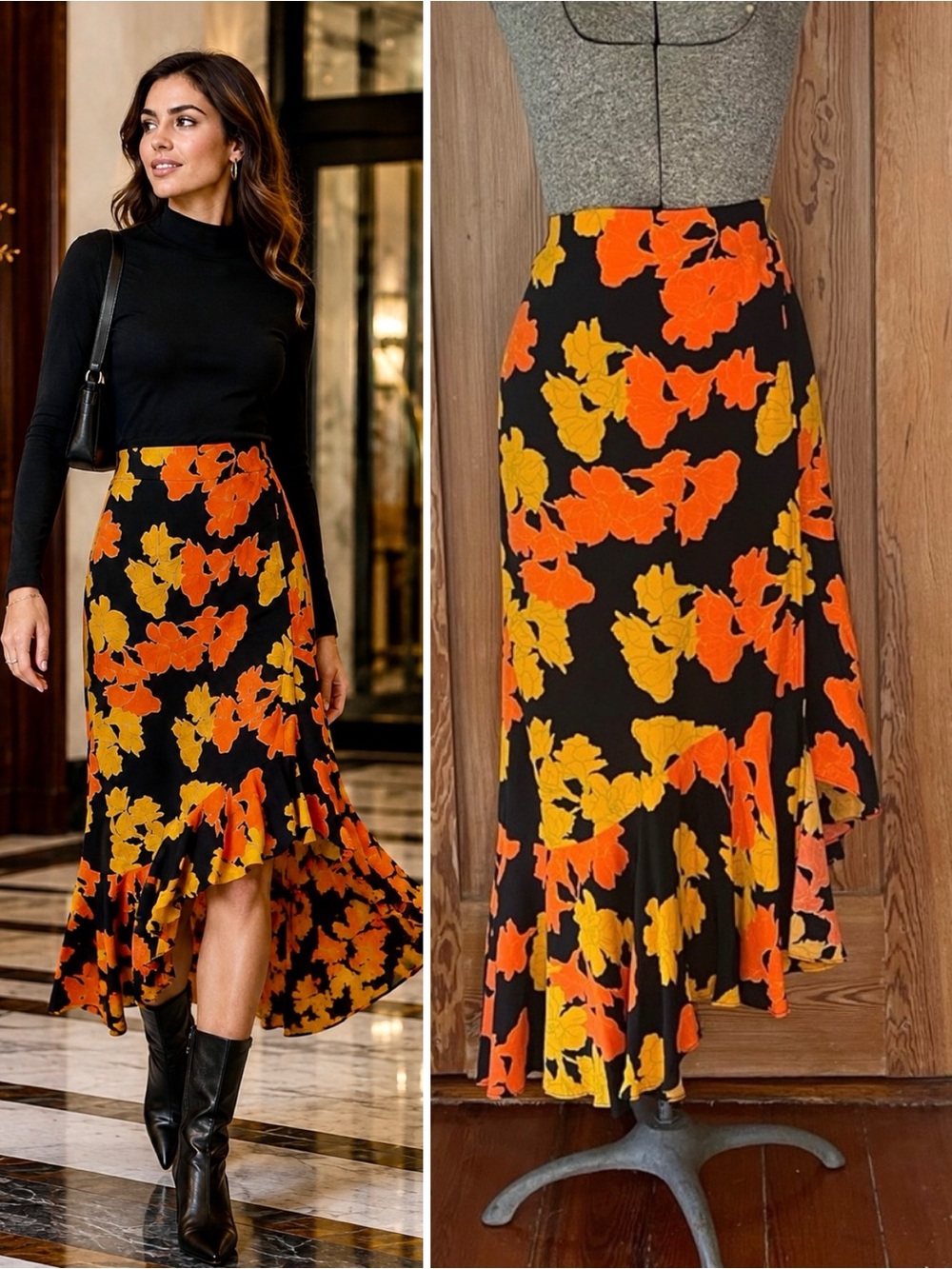 NWT Topshop Floral Asymmetrical Faux Wrap Midi Skirt Black Orange Size 10 💛🍄